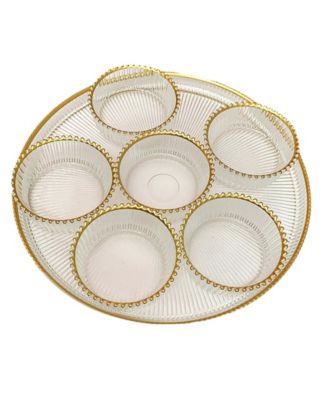 Classic Touch 12" Seder Tray with Beaded Rim and Bowls Set, 7 Pieces