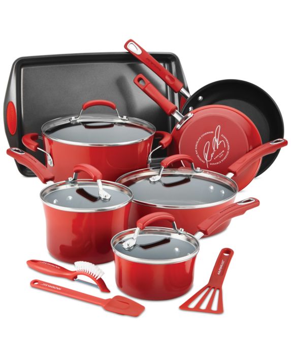Rachael Ray Classic Brights Hard Enamel Nonstick Cookware Set, 14-Piece, Red
