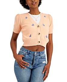 Juniors' Puff-Sleeve Embroidered Butterfly Cardigan Sweater
