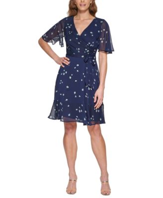 dkny flutter sleeve faux wrap dress