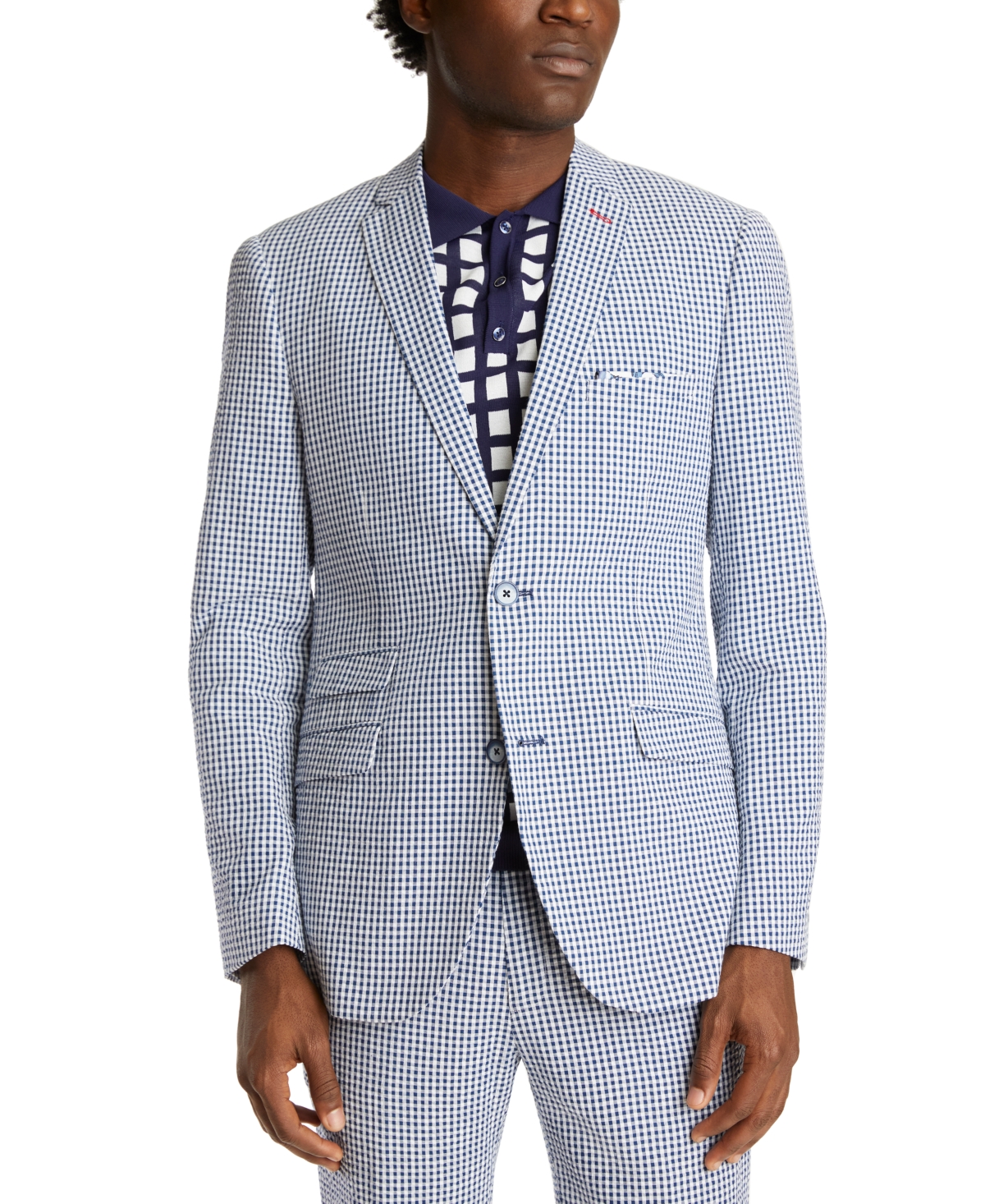 Paisley & Gray Men's Slim-fit Navy/white Gingham Check Suit Separate Jacket In Navy White Gingham