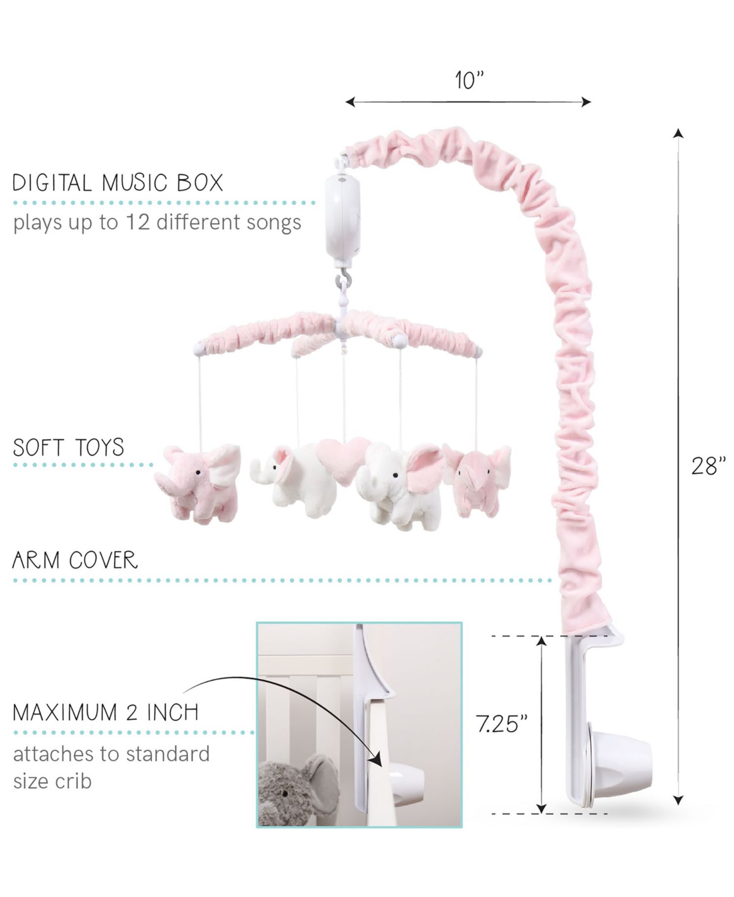 Baby Crib Mobile for Girls, Pink Elephant, Musical