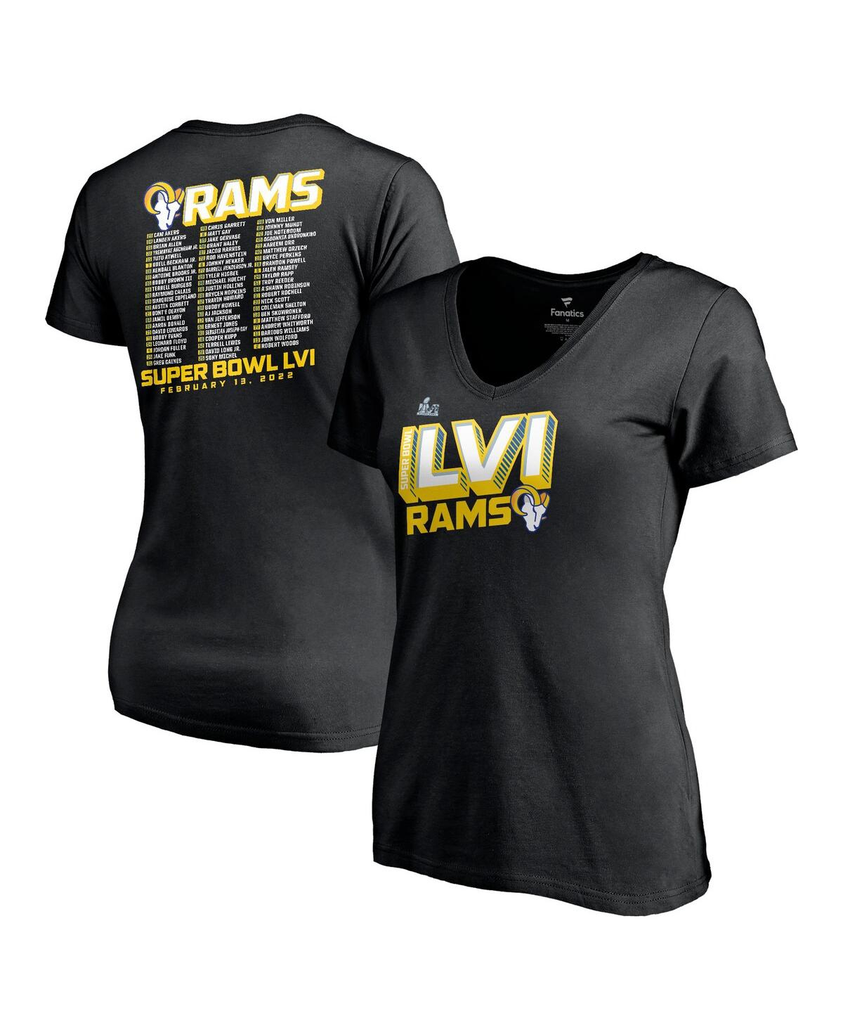 Women's FanaticsLos Angeles Rams Super Bowl Lvi Bound Tilted Roster V-Neck T-shirt - Black