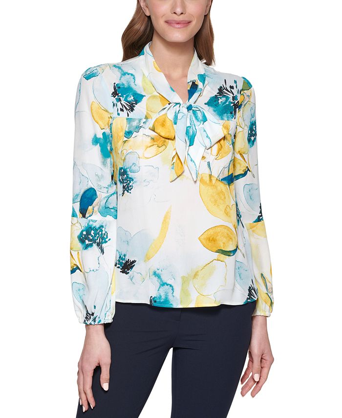 DKNY Petite Printed Tie Neck Top Macy s