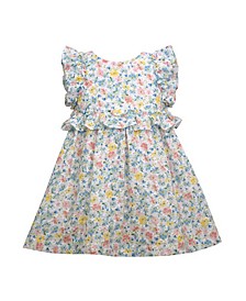 Baby Girls Sleeveless Floral Eyelet Empire Dress with Ruffled Peplum and Shoulders and Matching Panty