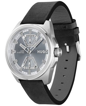 HUGO - Men's Expose Black Leather Strap Watch 44mm