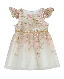 Baby Girls Floral Embroidered Mesh Party Dress with Flutter Sleeves