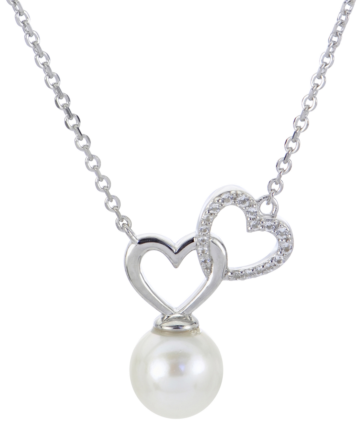 Macy's Cultured Freshwater Pearl (8-1/2mm) & White Topaz (1/10 Ct. T.w.) Double Heart 18" Pendant Necklace In Sterling Silver