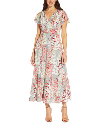 Adrianna Papell Floral-Print Flutter-Sleeve Midi Dress - Macy's