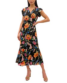 Printed Flutter-Sleeve Chiffon A-Line Dress