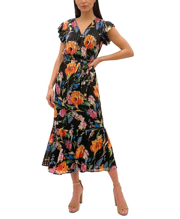 Sam Edelman Printed Flutter-Sleeve Chiffon A-Line Dress - Macy's
