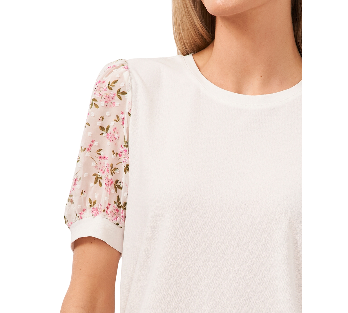 CeCe Women's Mixed Media Puff Sleeve Bouquet Knit Top