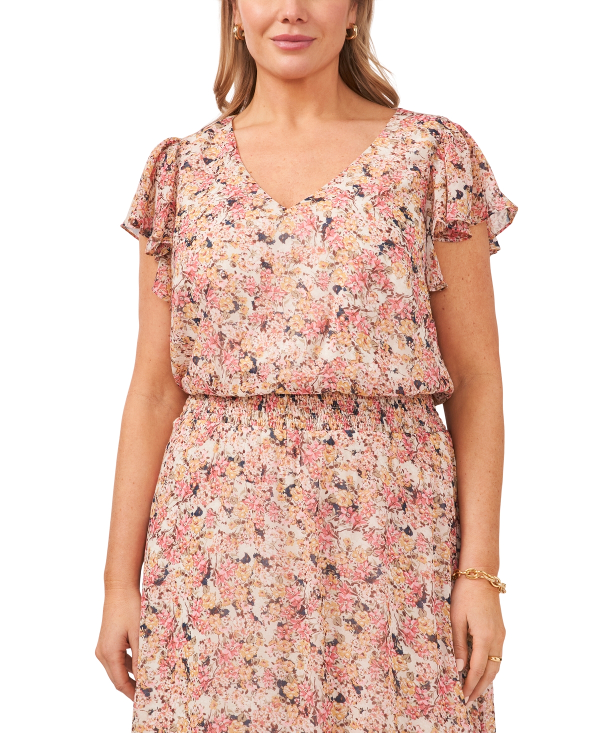 Shop Msk Plus Size Flutter-sleeve Midi Dress In Pink,olive,gold