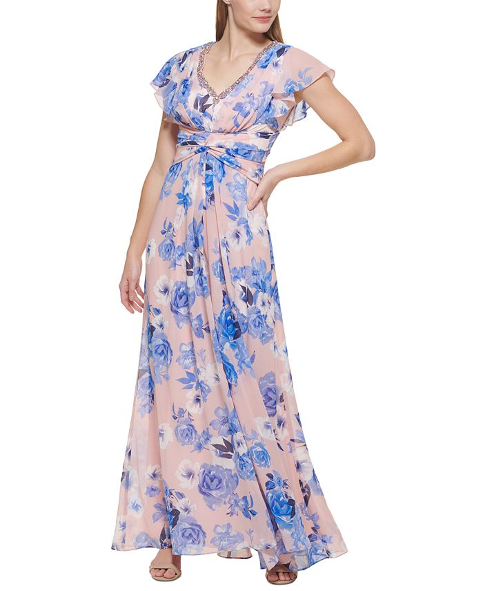 Eliza J Floral-Print Embellished Flutter-Sleeve Gown - Macy's