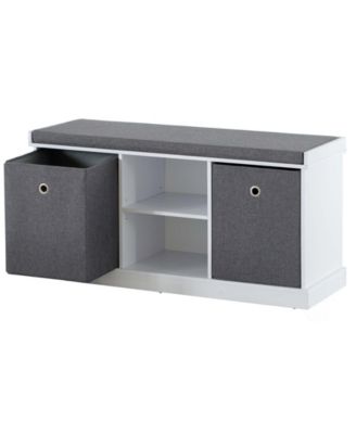 MDF Storage Box Shoe Bench with 2 Shelves, Foldable Baskets and a Gray Cushion, White