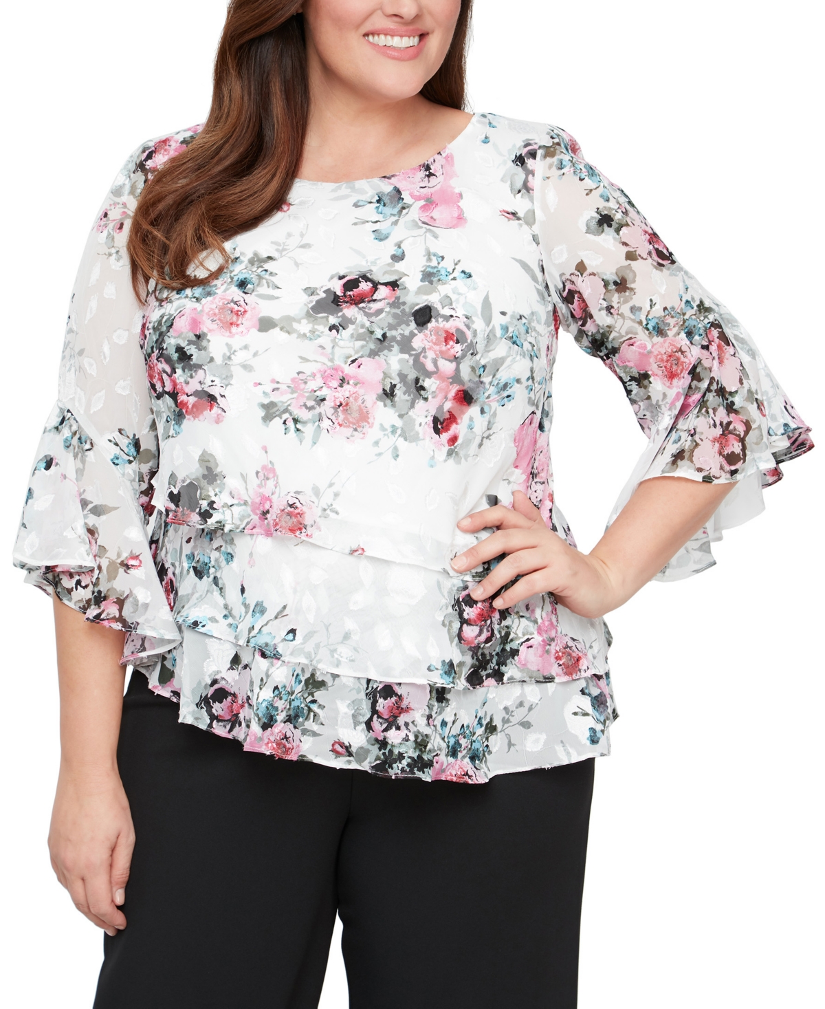 Alex Evenings Plus Size Floral-print Blouse In Ivory,pink