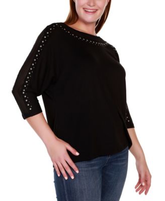 Plus Size Embellished Dolman with Mesh Inset Top