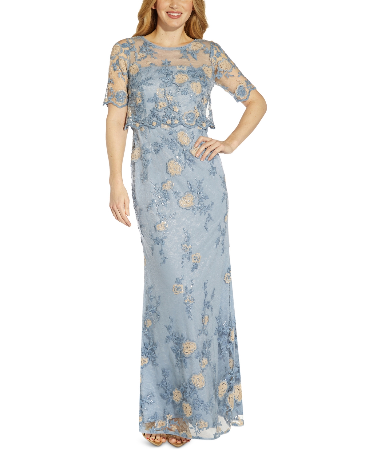 ADRIANNA PAPELL POP OVER EMBROIDERED LACE GOWN