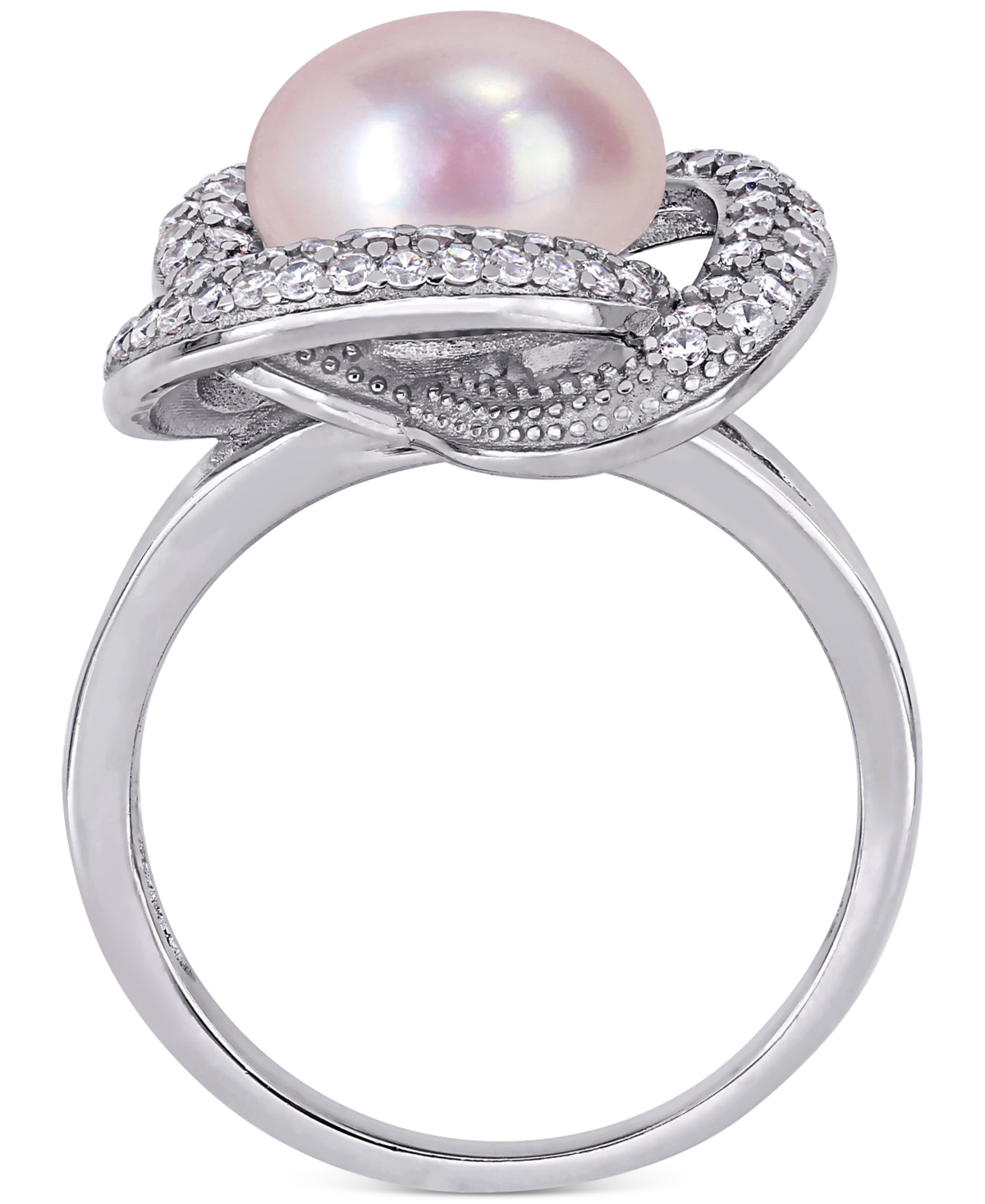 Pink Cultured Freshwater Pearl (10-1/2mm) & Cubic Zirconia Love Knot Statement Ring in Sterling- Silver