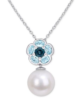 Macy's - Cultured Freshwater Pearl (11mm) & Blue Topaz (1-3/5 ct. t.w.) 18" Pendant Necklace in Sterling Silver