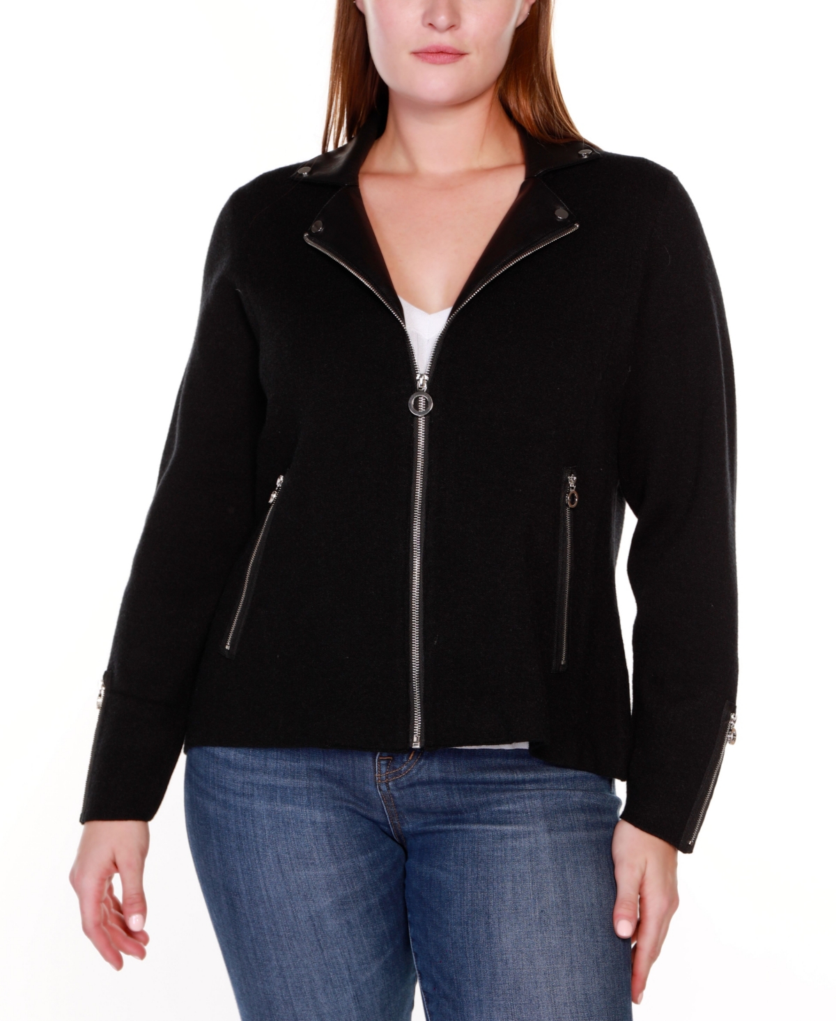 Belldini Plus Size Black Label Collared Sweater Jacket In Black