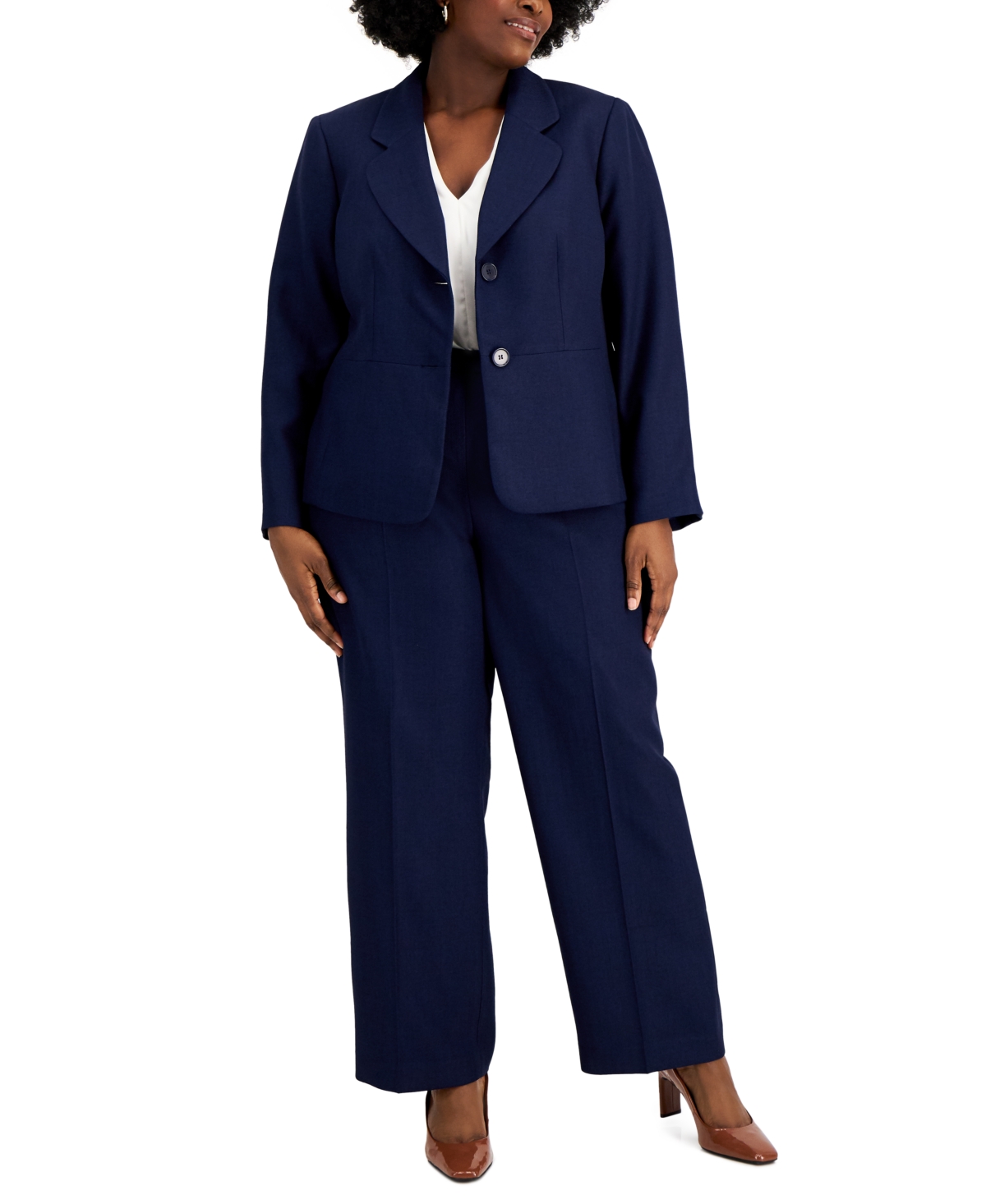 Le Suit Plus Size Button-front Side-zip Pantsuit In Indigo Heather ...