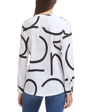 Calvin Klein Long Sleeve Logo Button Front Blouse - Macy's