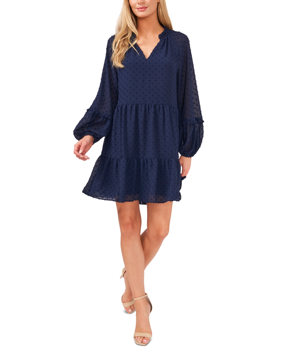 Cece Clip Dot Ruffle Long Sleeve Shift Dress In Classic Navy