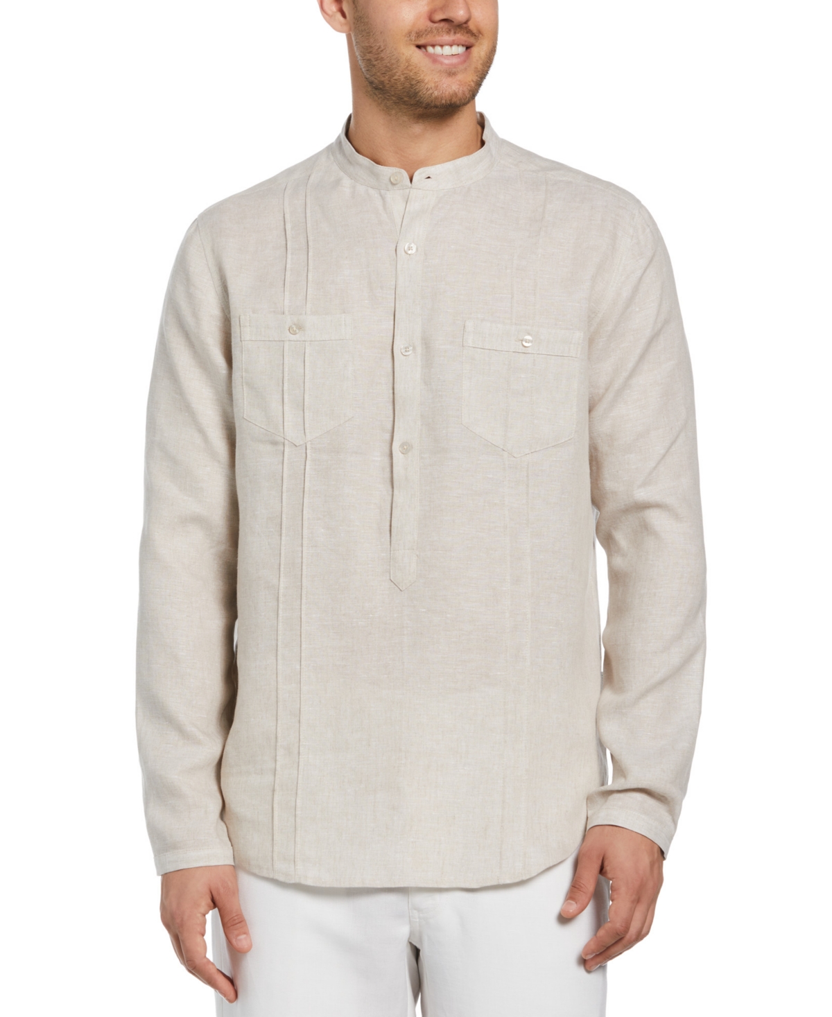 Cubavera Men's Regular-fit Banded Collar Popover Linen Shirt In Natural Linen