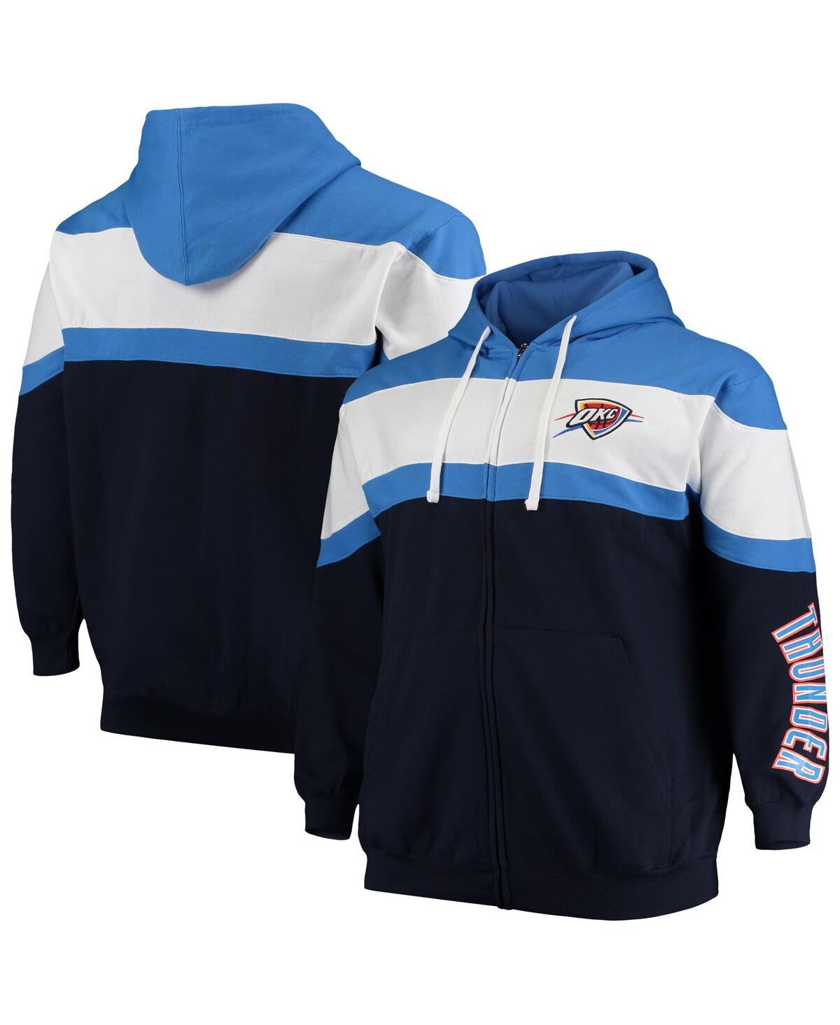 Majestic Men's  Blue And Navy Oklahoma City Thunder Color Block Wordmark Logo Big And Tall Full-zip H In Blue,navy