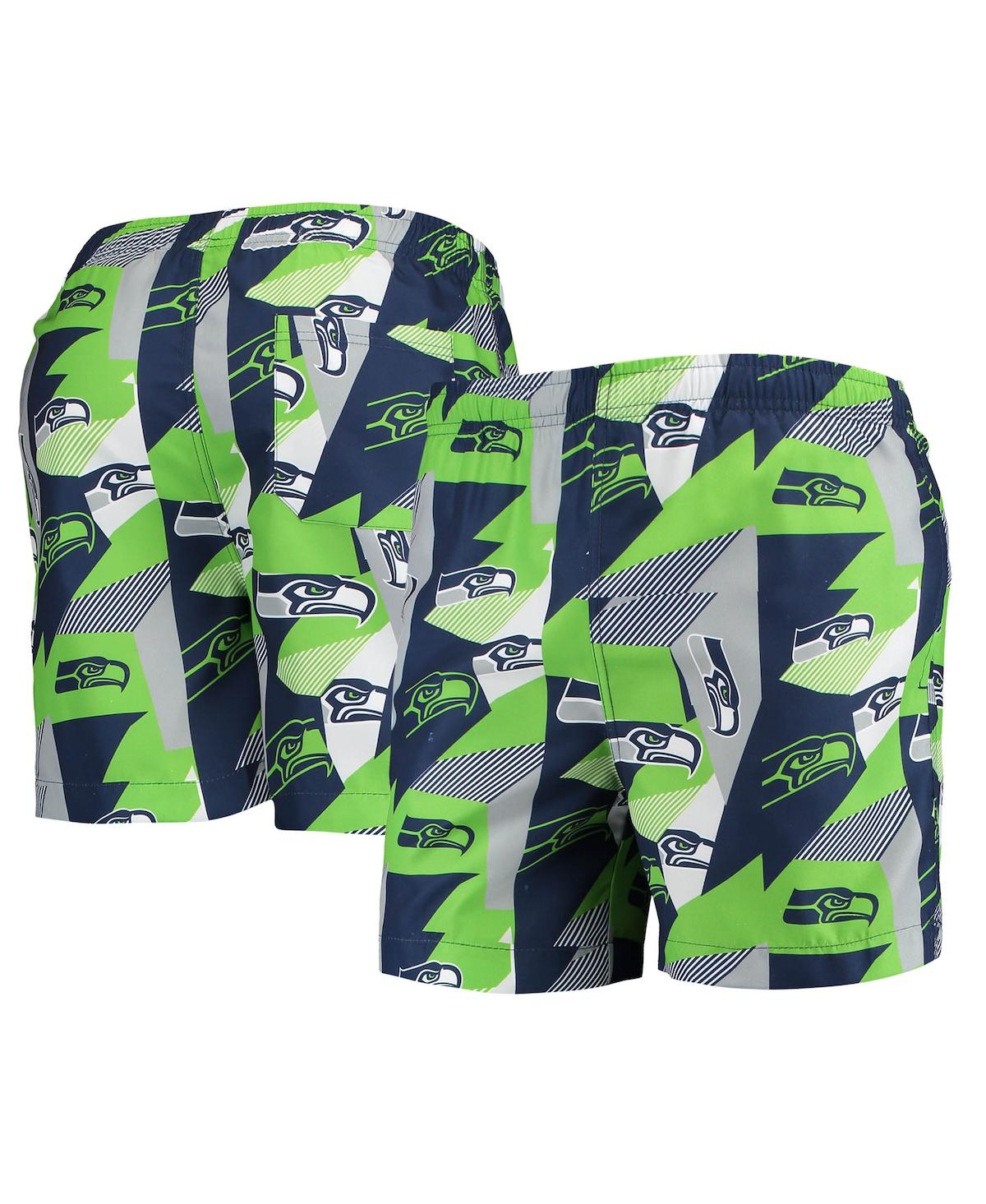 FOCO MEN'S FOCO COLLEGE NAVY AND NEON GREEN SEATTLE SEAHAWKS GEO PRINT SWIM TRUNKS