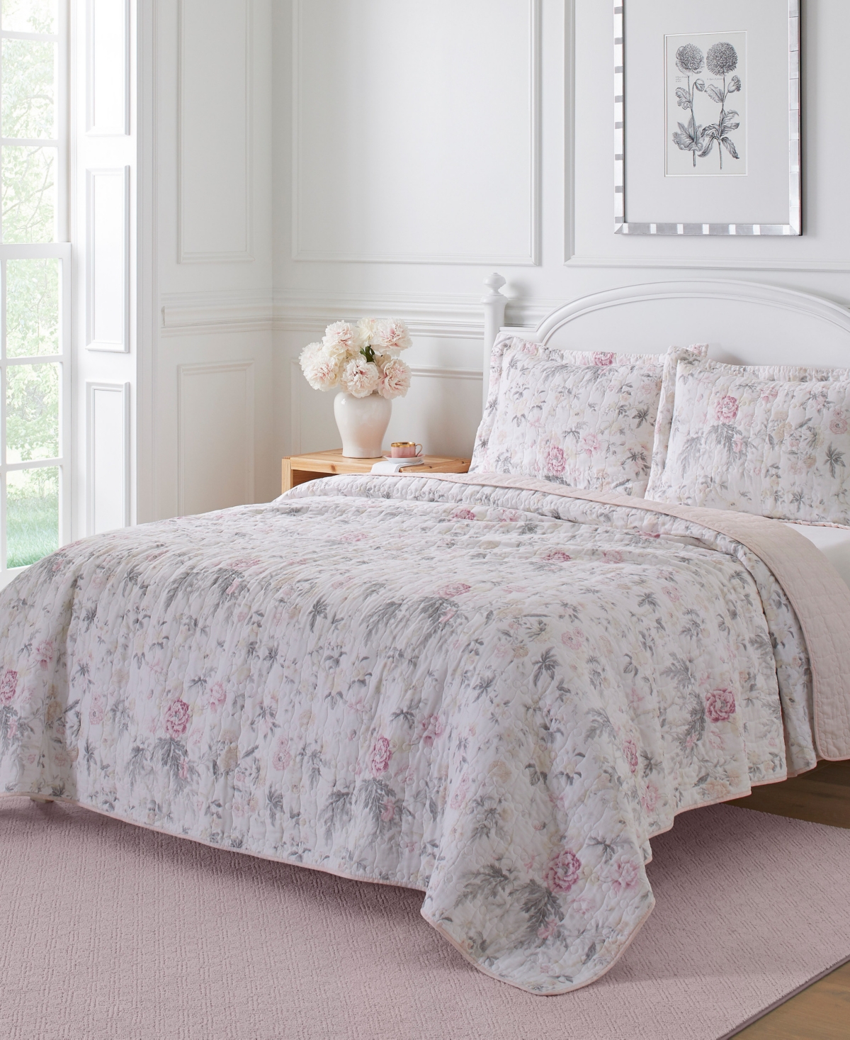 Laura Ashley Breezy Floral Reversible 3 Piece Quilt Set, Full/queen In Pastel Grey