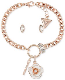 Rose Gold-Tone Flower Charm Bracelet & Stud Earrings Set