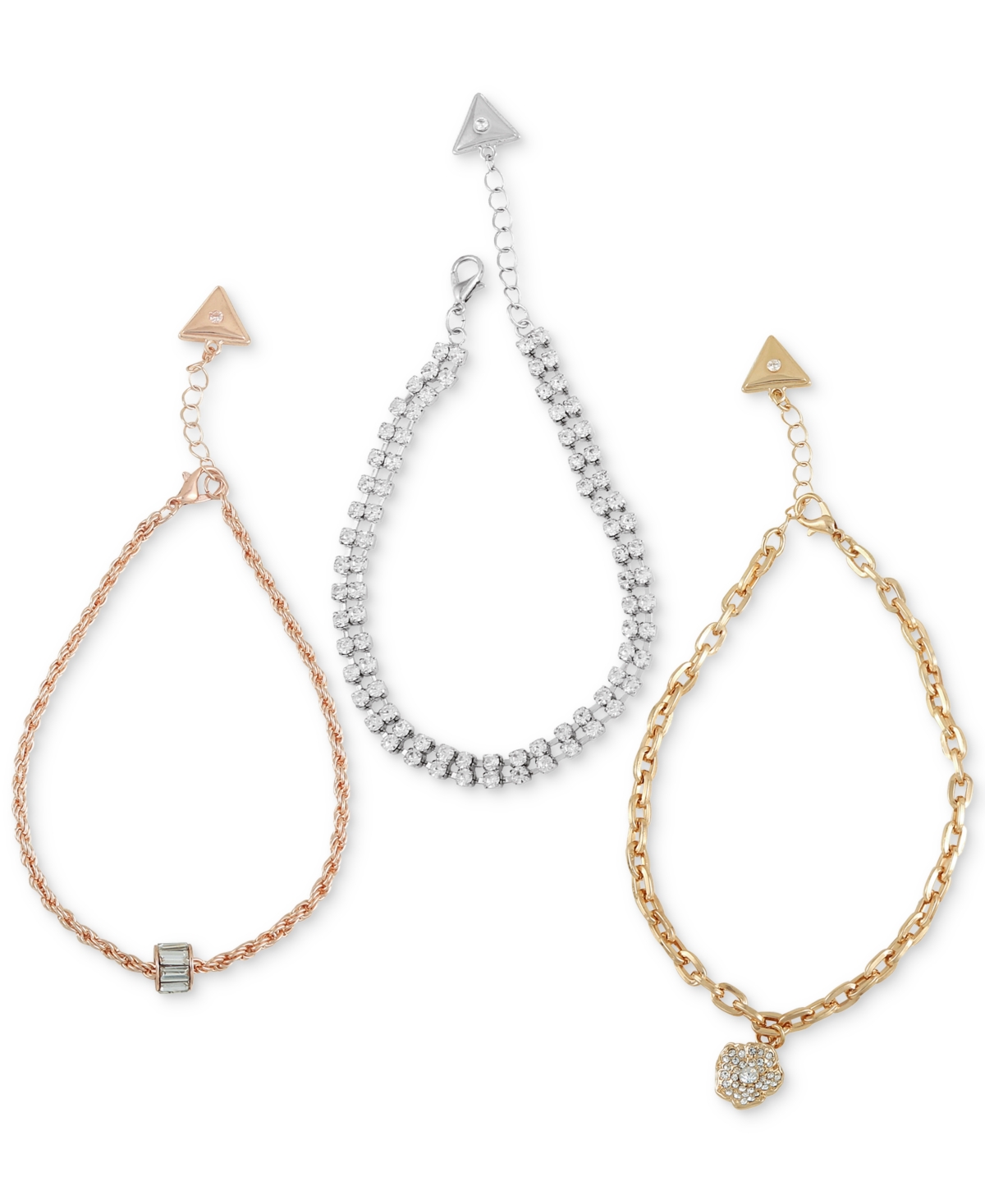 Guess Tritone 3pc. Set Crystal & Flower Charm Ankle Bracelets In Gold