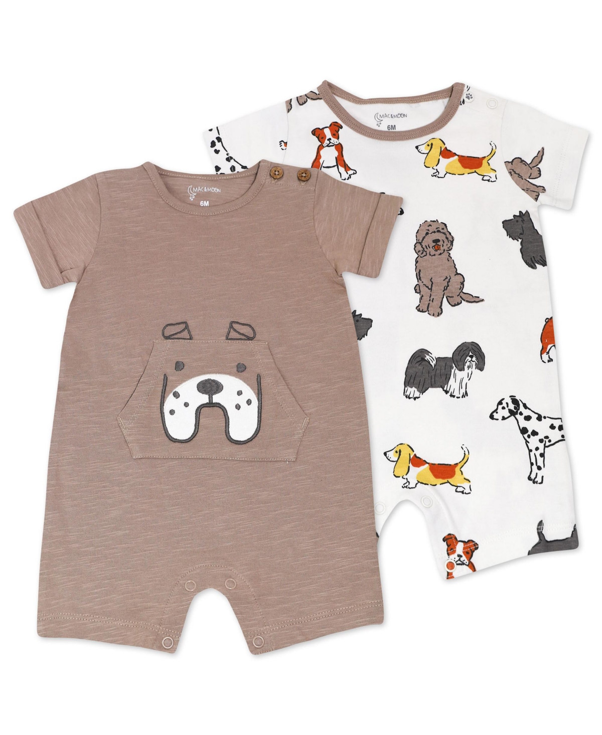 Mac & Moon Baby Boys Puppy Print Rompers, Pack Of 2 In Taupe
