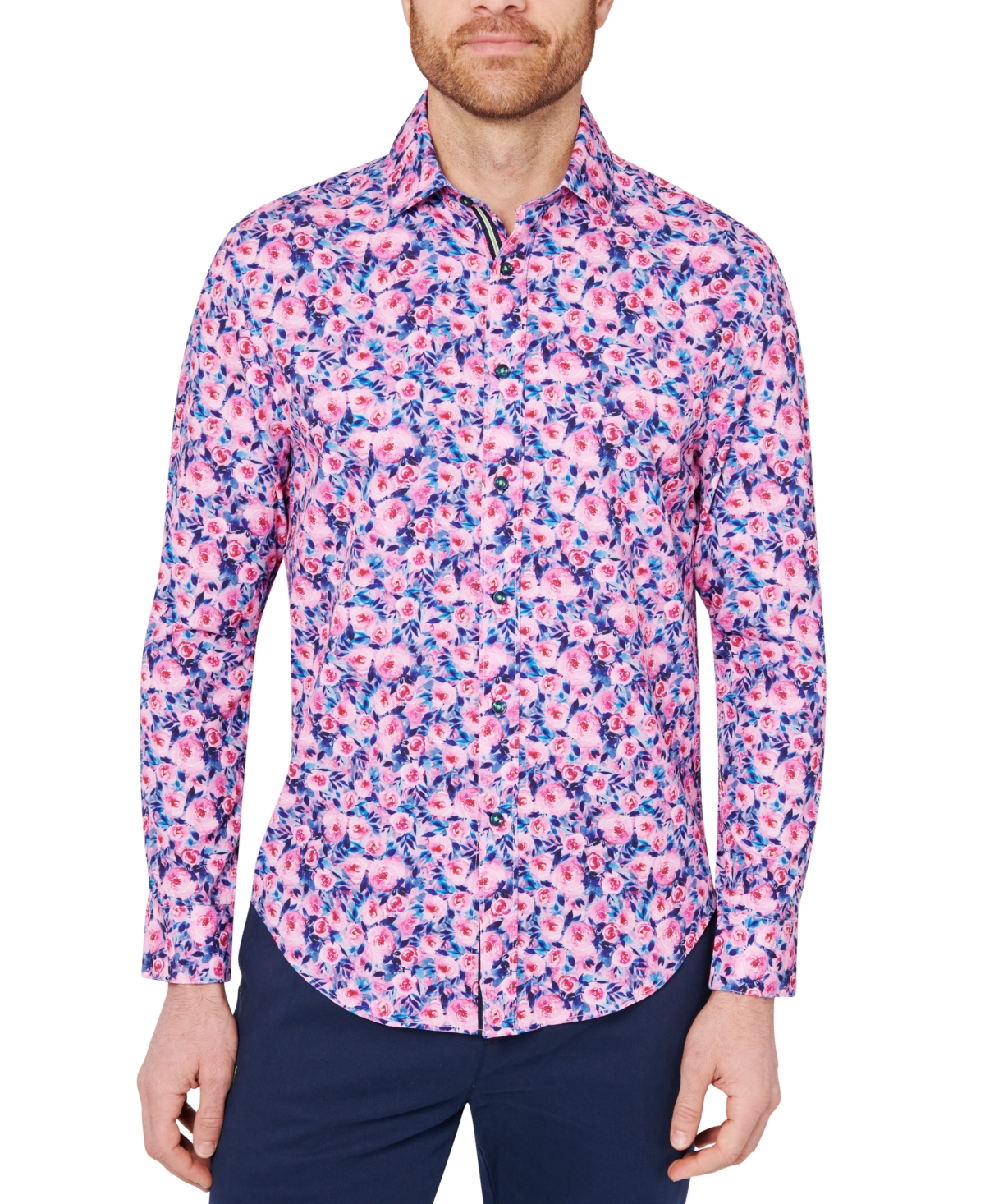Society Of Threads Men's Slim Fit Non-iron Floral Print Performance Stretch Button-down Shirt In Pink