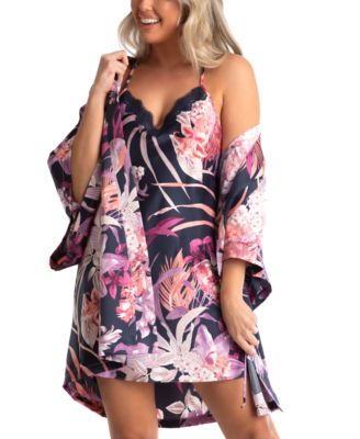 Linea Donatella Womens Mina Satin Tropical Print Wrap Robe Chemise Nightgown 2 Piece Set