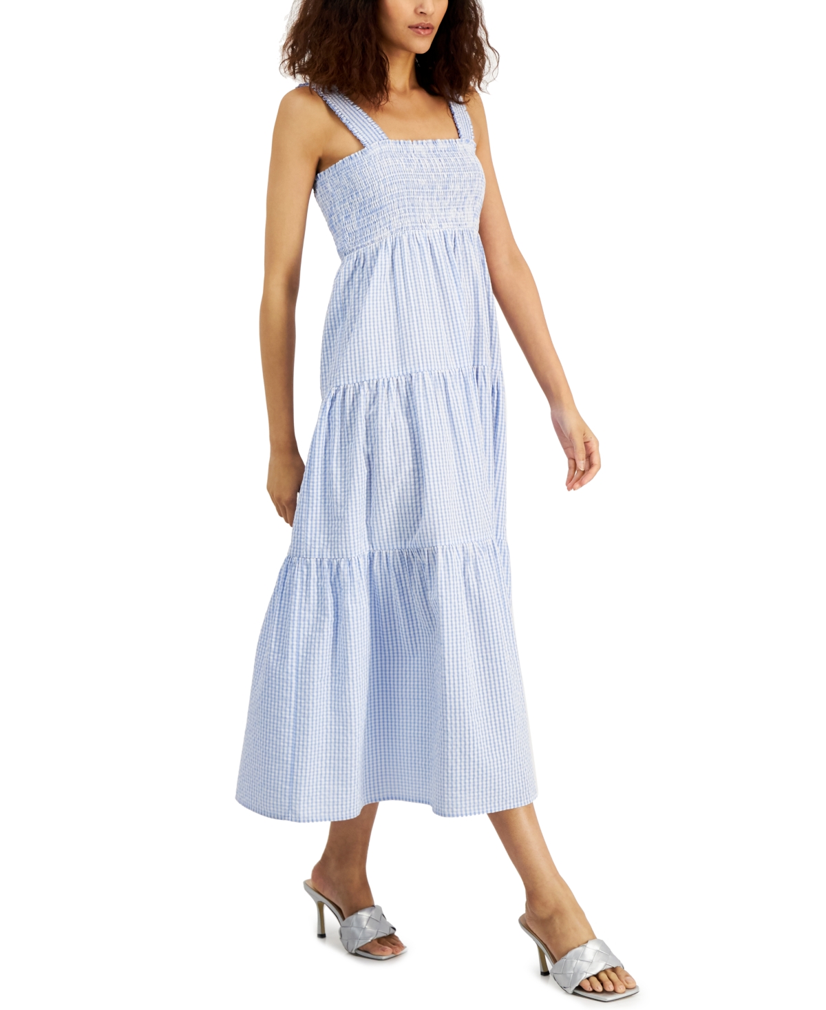 Nine West Smocked Seersucker Check Dress In Blue white ModeSens