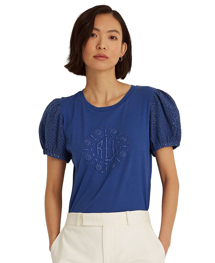 Lauren Ralph Lauren Eyelet Jersey Logo T-Shirt - Macy's