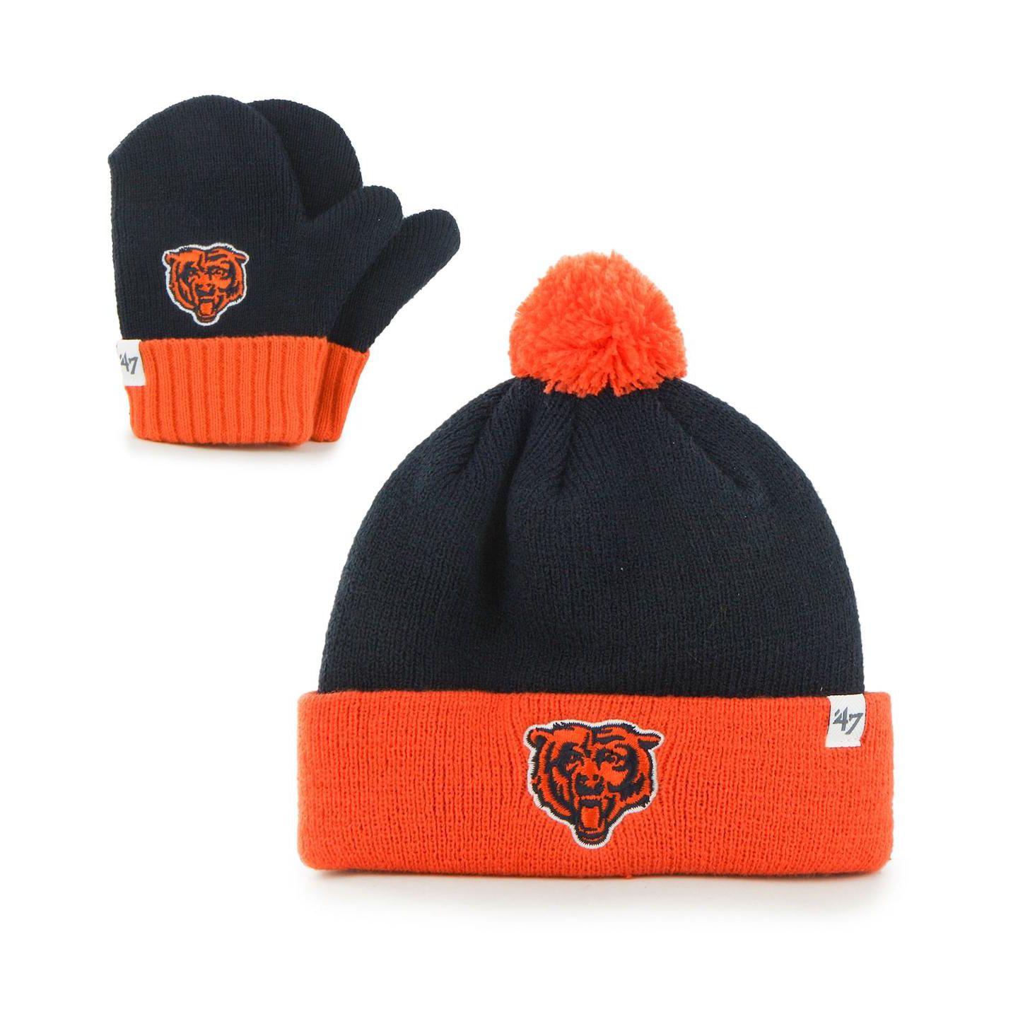 Головные уборы '47 Brand Navy, Orange Chicago Bears Bam Bam Cuffed Knit Hat With Pom and Mittens Set для малышей — фото 1
