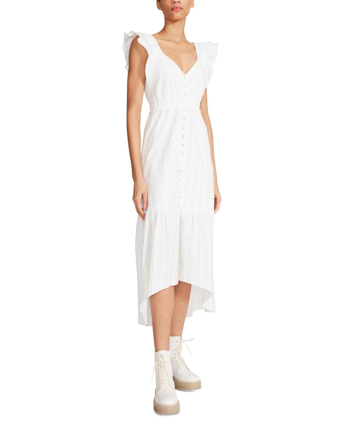 Betsey Johnson Cotton Textured Rufflesleeve Highlow Midi Dress In