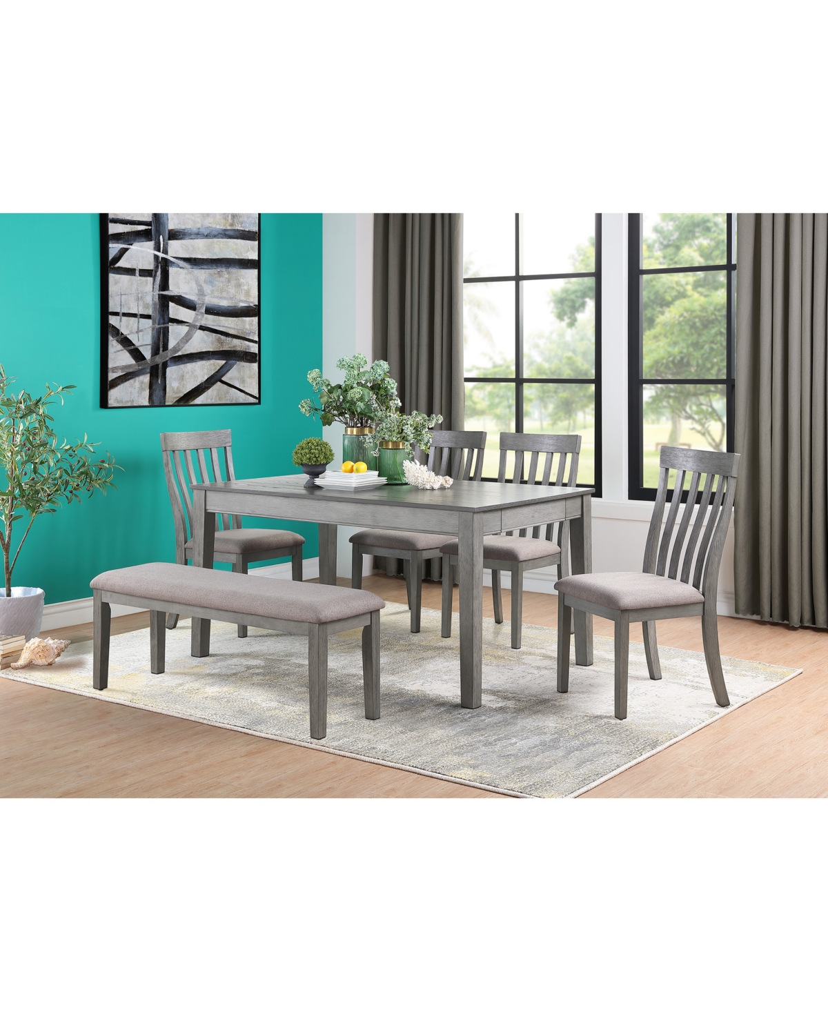 Furniture Forte 6pc Dining Set (rectangular Dining Table, 4 Side Chairs & Bench) In Grey