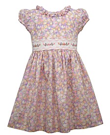 Toddler Girls Short Sleeves Floral Empire Dress with Ruffled Neckline, Embroidered and Smocked Insert