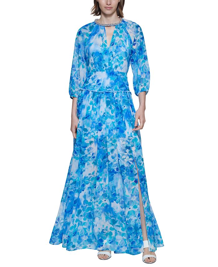 Embellished neck clearance chiffon dress