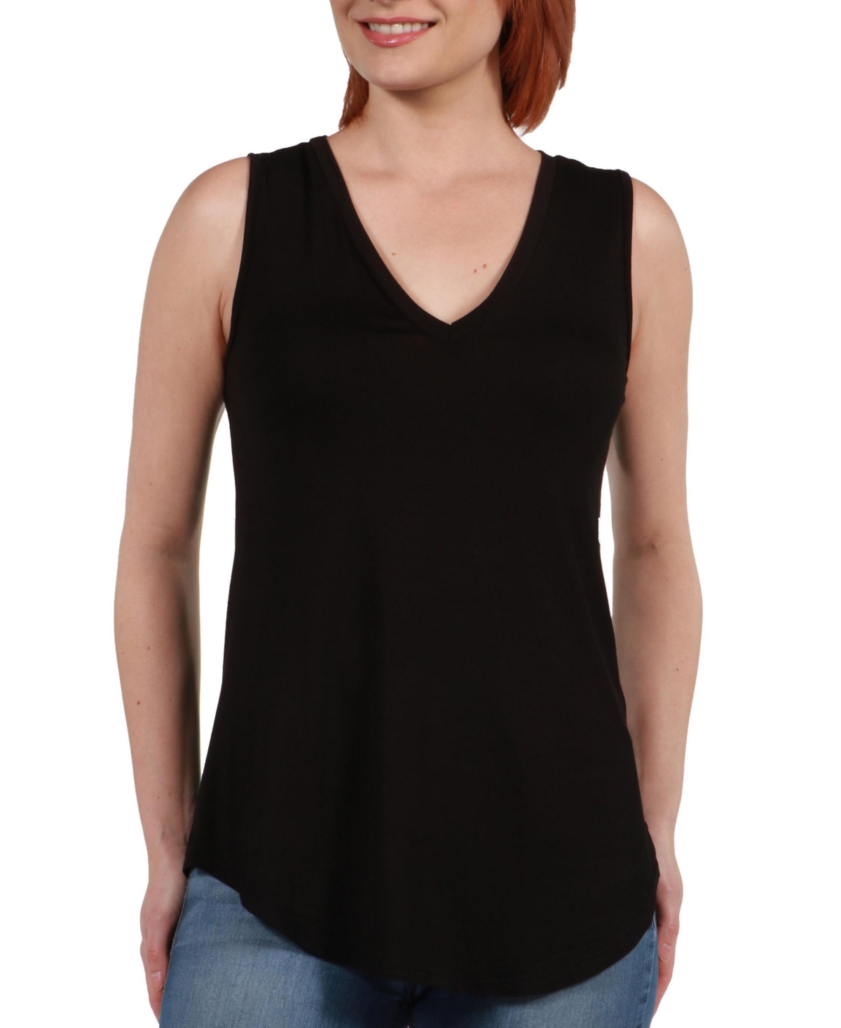 Shop 24seven Comfort Apparel Women's V-neck Tunic Tank Top With Round Hemline In Black