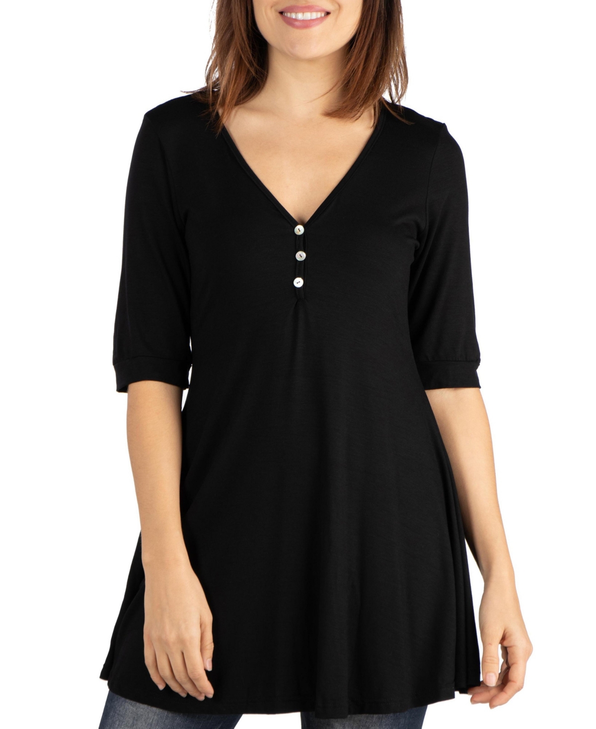 Shop 24seven Comfort Apparel Women's Short Sleeve Tunic Top With Button Detail In Black