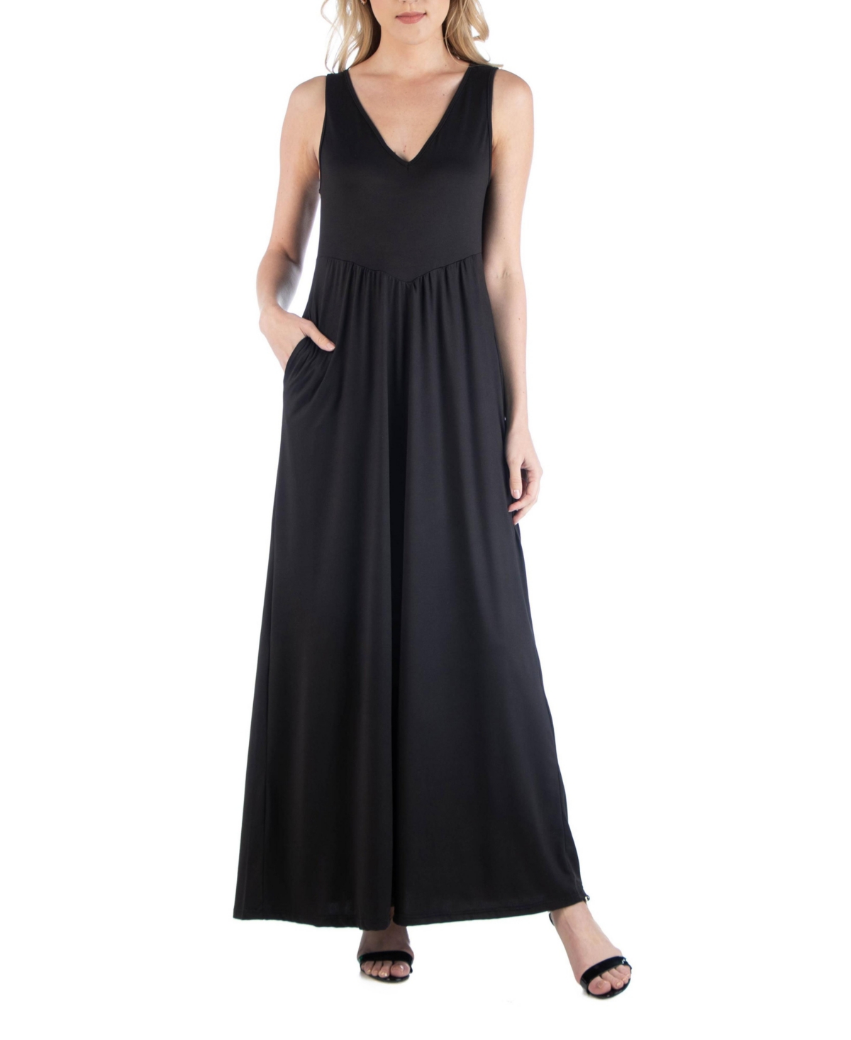 24seven Comfort Apparel Women's Sleeveless V-neck Maxi Dress With Pocket Detail In Black
