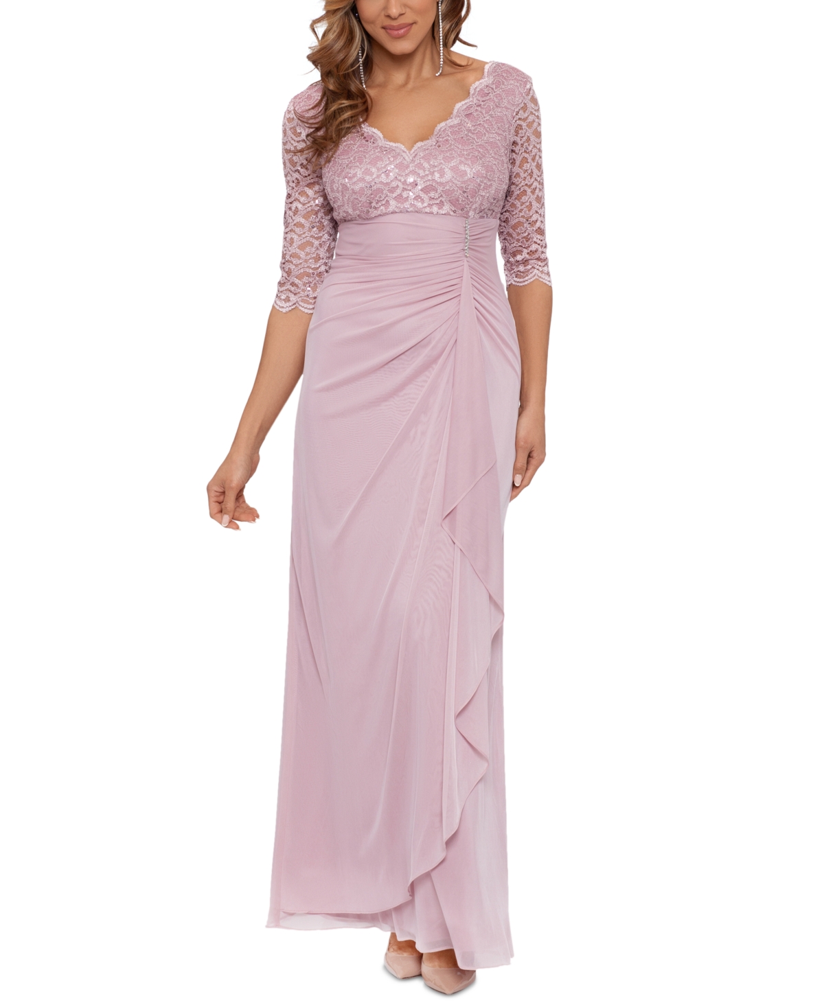 Shop Betsy & Adam Women's Lace-top Waterfall-detail Gown In Rose