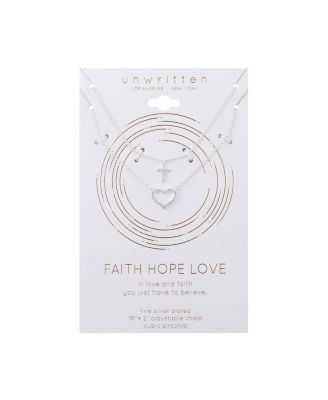 Fine Silver Plated Cubic Zirconia Cross and Heart Layered Pendant Necklace