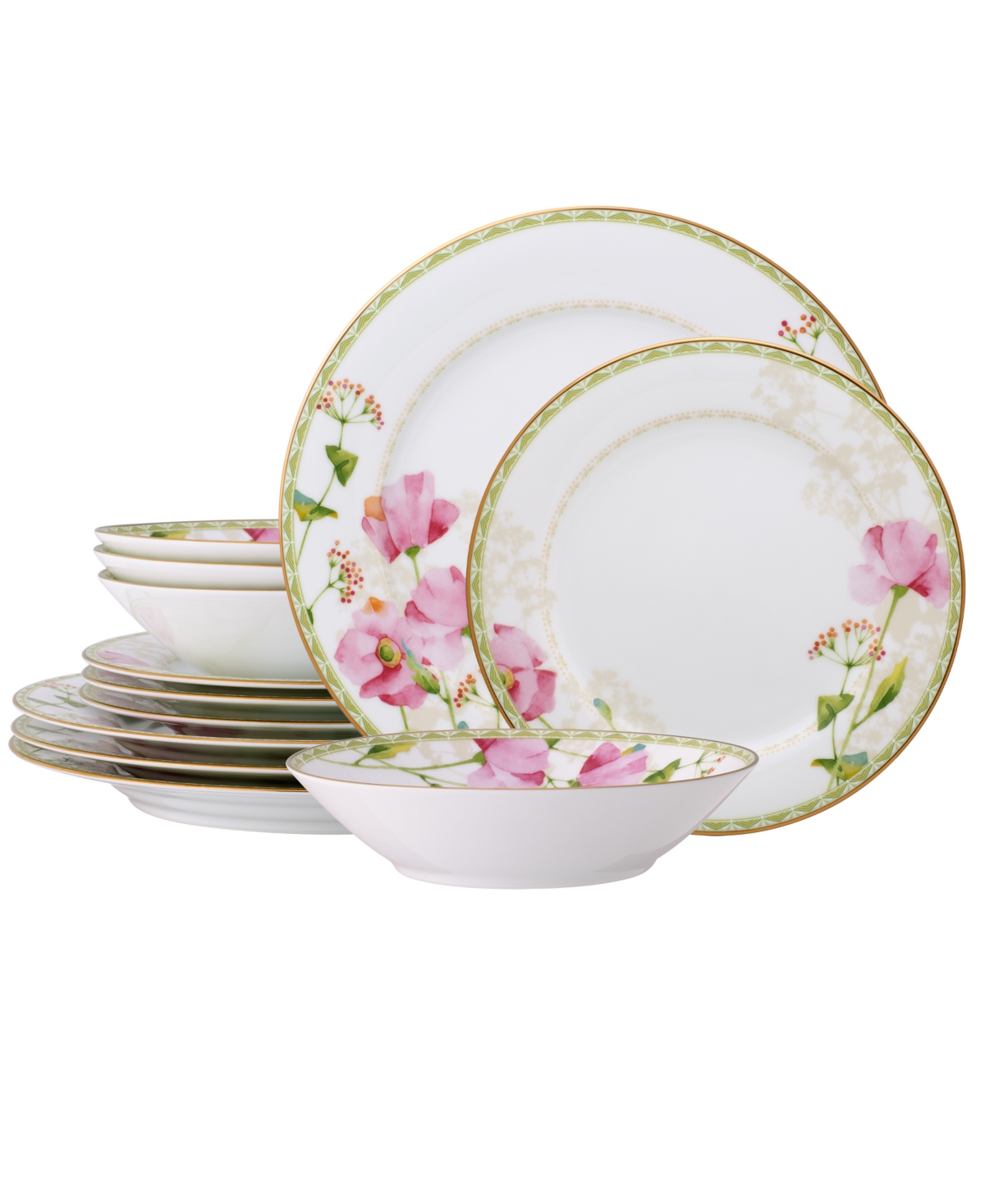 Noritake Poppy Place 12 oz Soup Bowls 4 Piece Set, 7.5" In White,pink,gold-tone